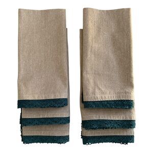 Rachel Zoe Cloth Napkins 21 x 21" Set of 6 100% Cotton Linen Look Teal Lace Trim